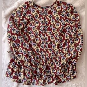 Madewell Viola Peplum Ruffle Blouse Top Pansy Floral Maroon Size S